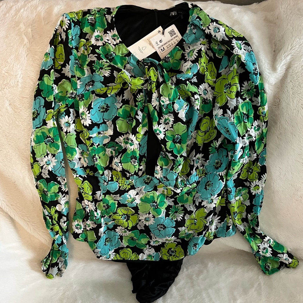 Zara Women Floral Bodysuit - Black, Green, Blue Size M Back Zipper Long Sleeve